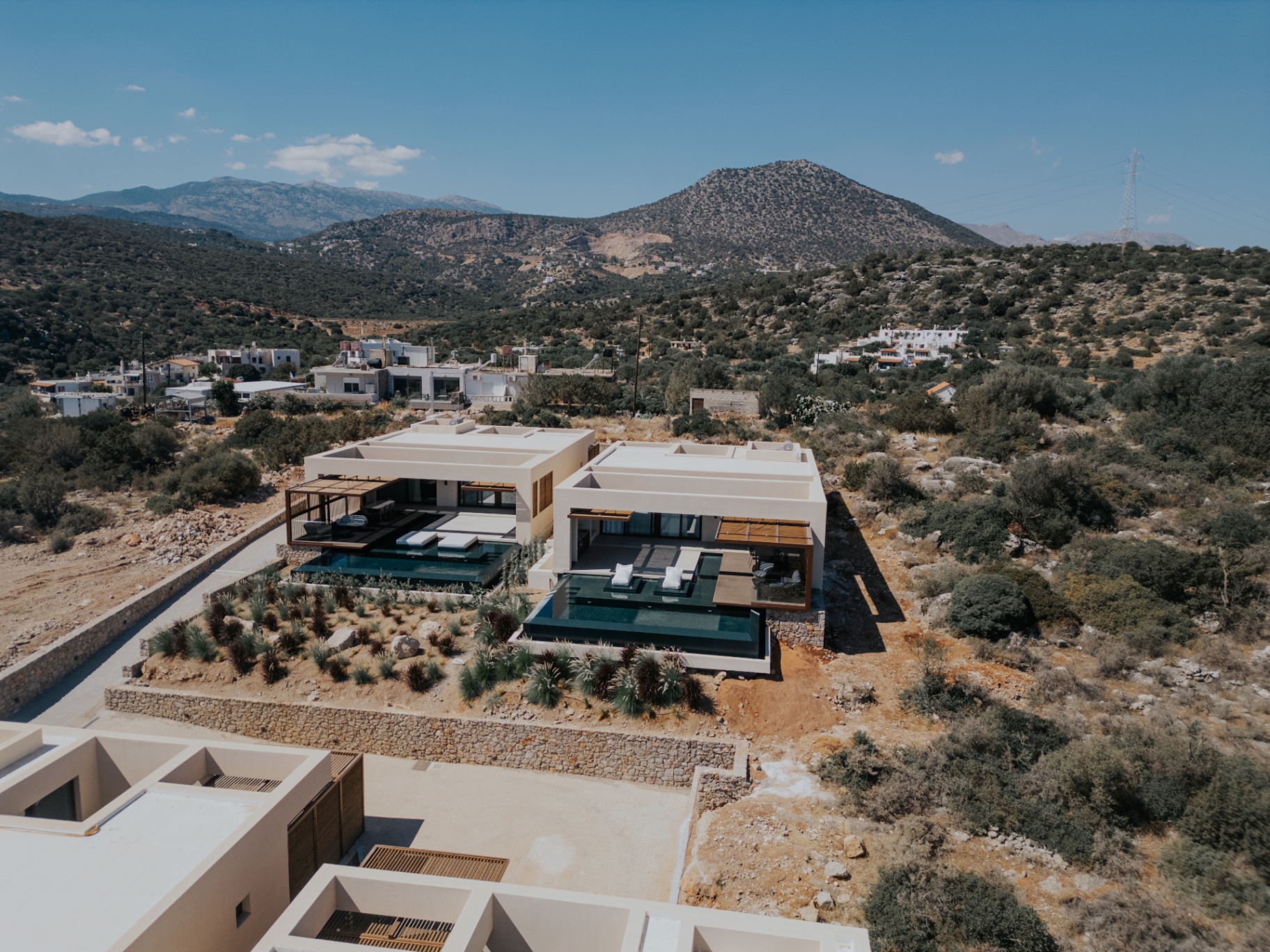 Aerial view of the Private Blue villa complex in Ammoudara, Crete